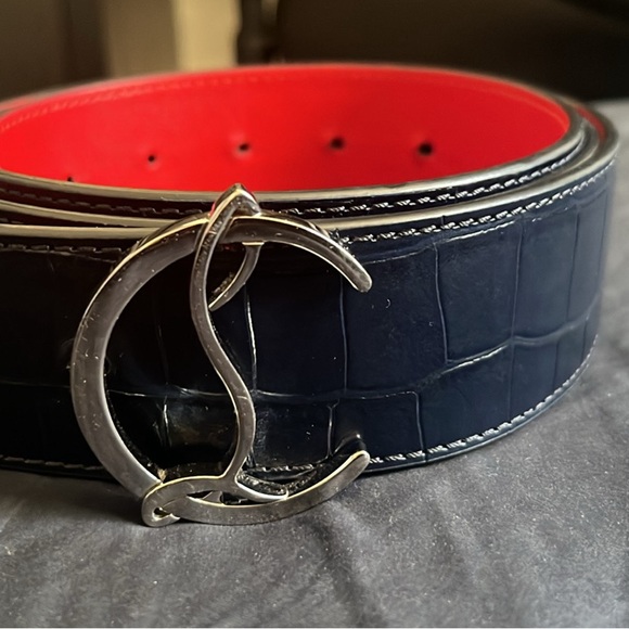 Christian Louboutin Navy Blue/Red Croc Embossed and Leather CL Logo Belt - Picture 5 of 6